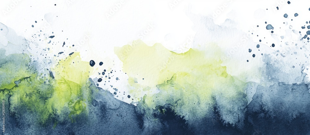 Poster abstract watercolor painting featuring a blend of dark navy blue and vibrant green hues with soft sp