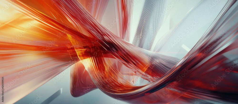 Fototapete Dynamic abstract technology wave in red and orange hues flowing through a light background, creating a sense of movement and innovation.