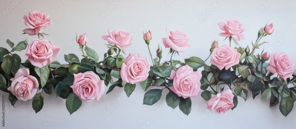 Poster elegant pink roses with lush green leaves arranged in a horizontal row on a soft white background cr