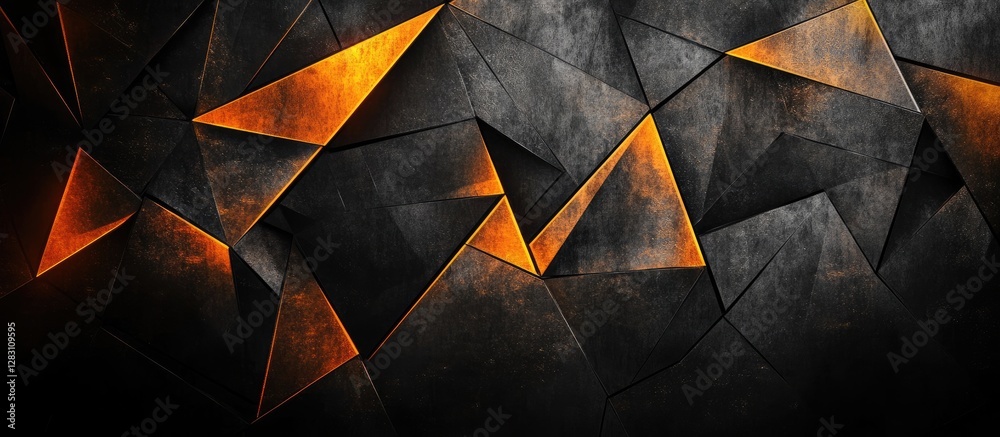 Fototapete Abstract geometric design featuring sharp orange and black triangular shapes with a textured surface, creating a modern and edgy background.