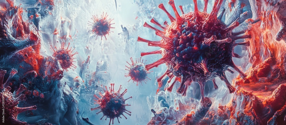Poster vibrant illustration of virus cells in red and blue hues, floating in a surreal underwater environme