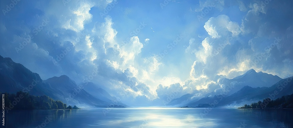 Aufkleber serene blue sky with fluffy white clouds reflected in tranquil water, surrounded by distant mountain
