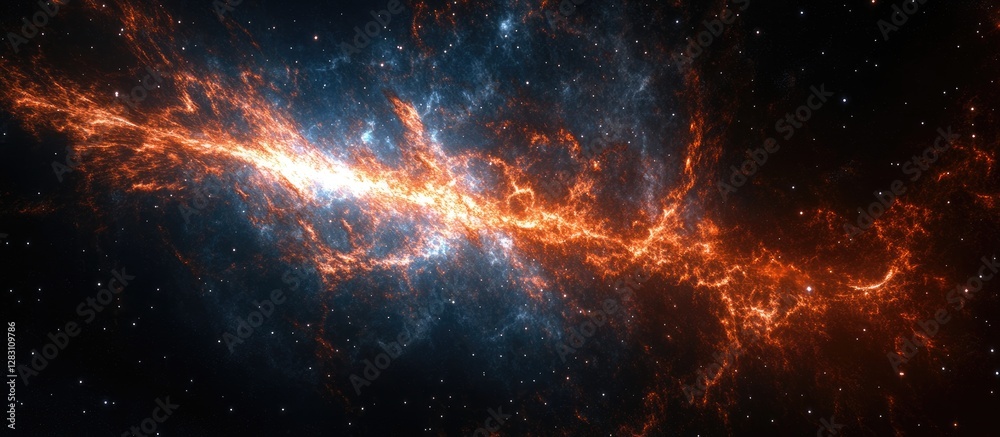 Aufkleber vibrant cosmic scene showcasing a bright orange and blue galaxy against a deep black starry backgrou