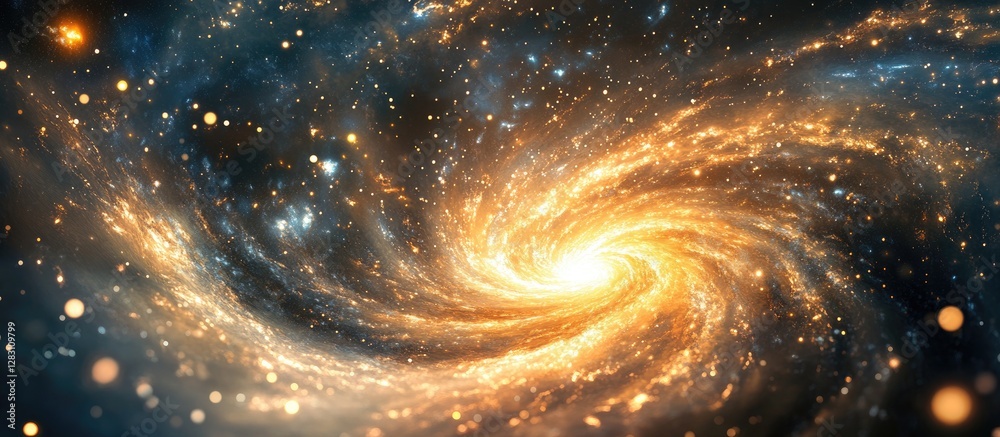 Poster vibrant spiral galaxy with golden core radiating light surrounded by sparkling stars and swirling co