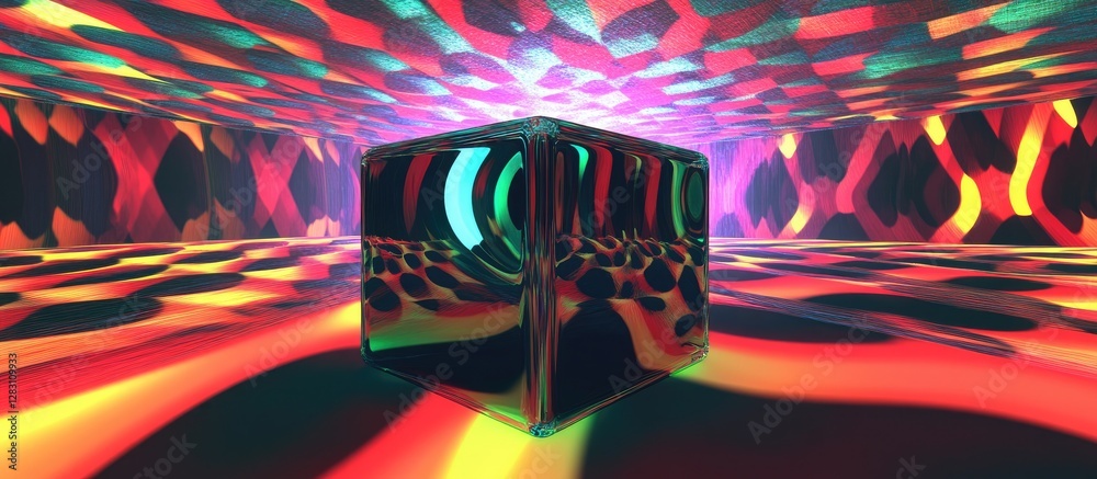 Poster vibrant led cube positioned centrally within a kaleidoscopic background of red, yellow, and green hu