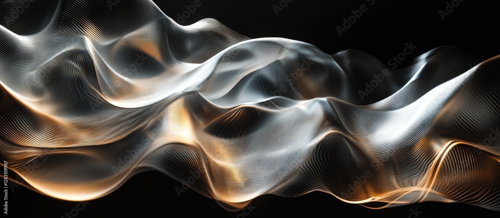 Poster abstract swirling smoke with translucent white and golden waves on a black background, creating a se