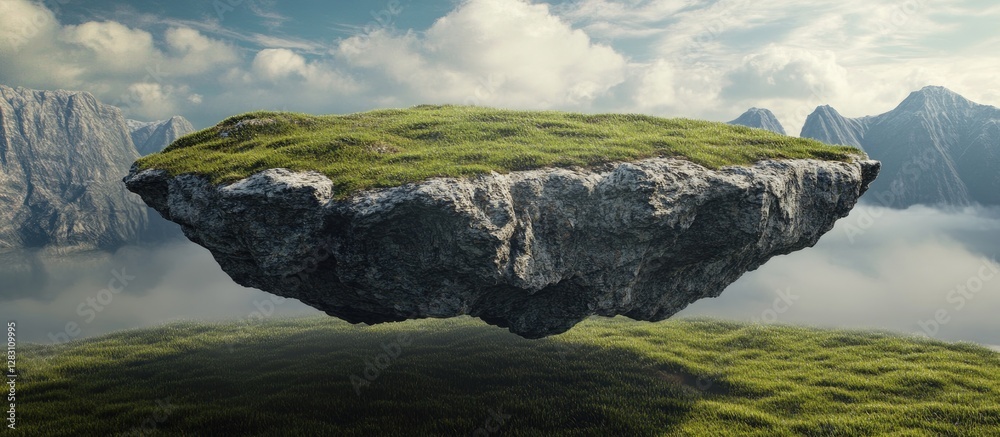 Poster surreal floating island in a clear sky with lush green grass atop a rocky base surrounded by misty m