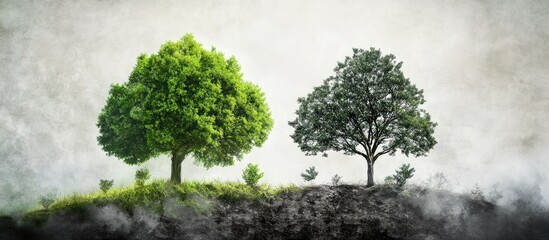 Two distinct trees in green and dark shades stand on a textured background, showcasing life and decay, with misty elements enhancing depth.