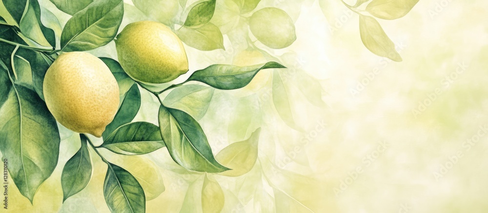 Poster bright yellow lemons with green leaves set against a soft pastel backdrop, creating a refreshing and