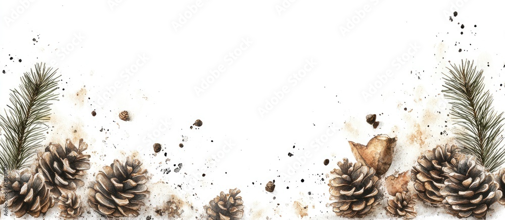 Poster pine cones and green pine branches arranged along the bottom edges with a light beige background fea