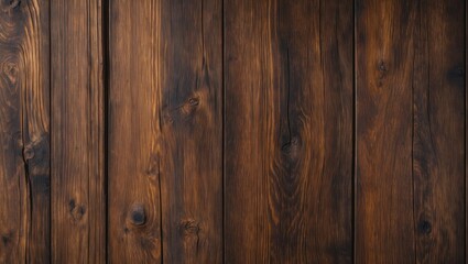 Fototapeta premium Dark stained wooden wall texture with natural grain and knots in planks arranged vertically for background or design use