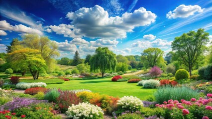 A serene landscape with a clear blue sky and fluffy white clouds