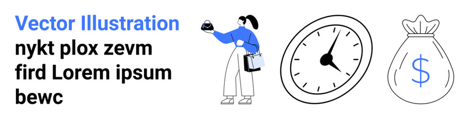 Office worker holding items, stopwatch, and bag with dollar sign symbolizing productivity, time management, and finance. Ideal for business, efficiency, investment, workflow deadlines goal setting