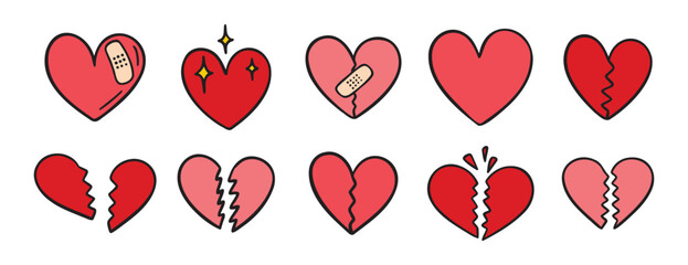 broken heart pink doodle hand drawn icon set. Outline drawing broken red hearts line clipart symbol collection