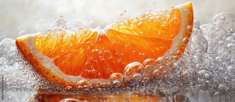 Poster Vibrant orange wedge submerged in clear effervescent water with abundant bubbles creating a refreshing and dynamic underwater scene