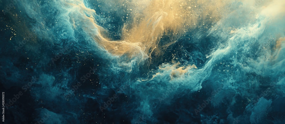 Fototapete Dynamic swirling blue and gold abstract background with a wave-like pattern, featuring dark and light contrasts for a dramatic effect.
