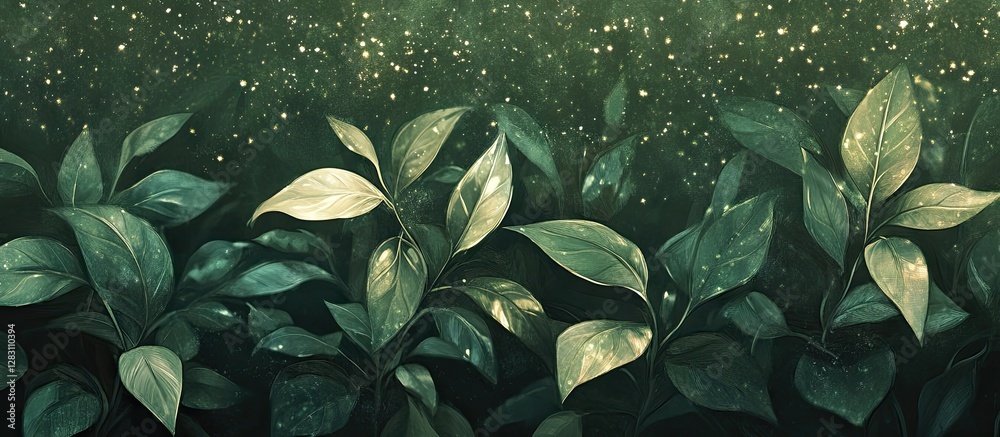 Poster lush green plant backdrop with blurred shimmering glitter creating a soft enchanting atmosphere, fea