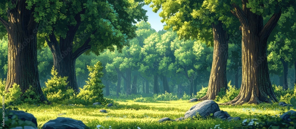 Poster Lush summer forest with vibrant green trees and sun-dappled grass, featuring dark tree trunks and scattered rocks in a serene landscape.