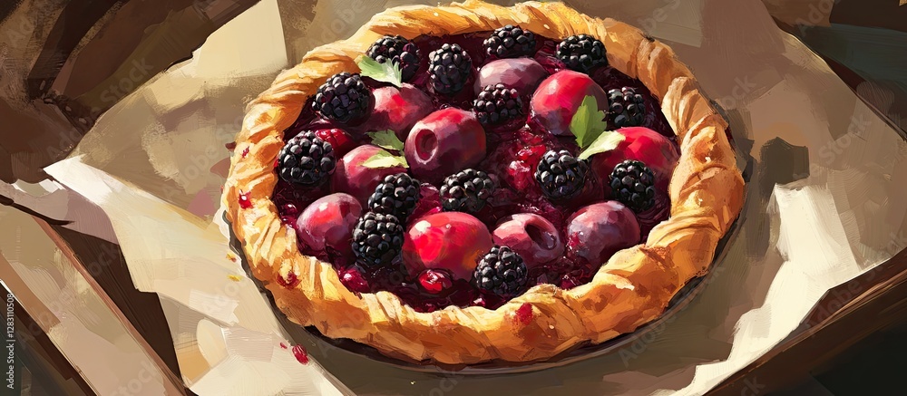 Aufkleber freshly baked berry pie with a golden brown crust featuring vibrant blackberries and red fruits on a