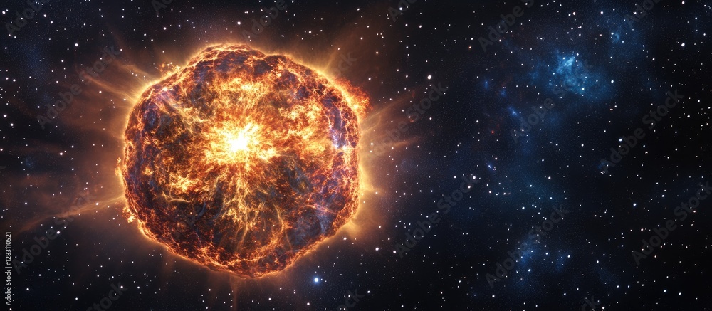 Poster vibrant supernova explosion in cosmic space with bright orange and yellow hues illuminating deep blu