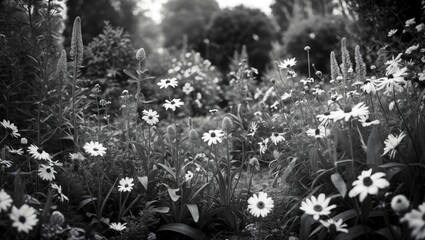 Black and white photograph of a dense flower garden with daisies and various green plants in soft focus