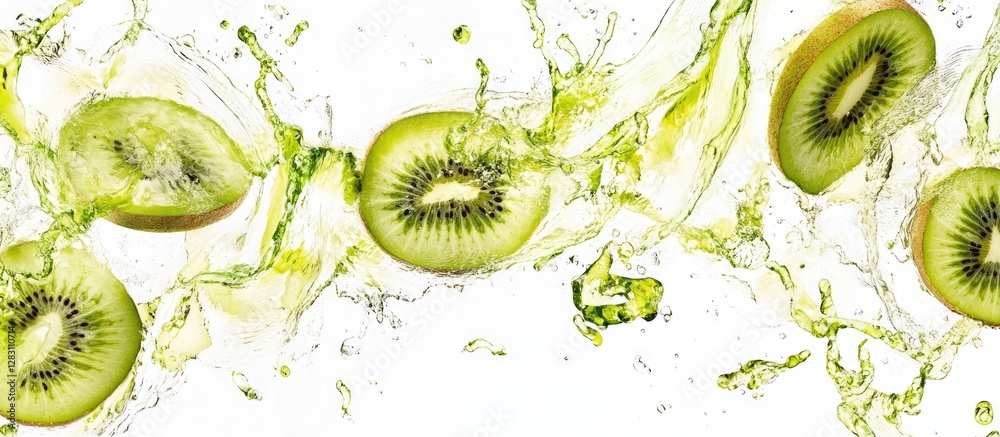 Poster Slices of fresh kiwi with green splashes on a white background, creating a vibrant and refreshing composition, emphasizing health and vitality.