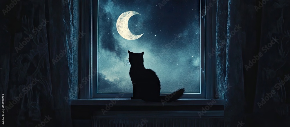 Poster silhouette of a black cat looking out of a window at a large crescent moon in a dark, cloudy night s