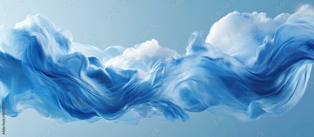 Poster abstract blue wave patterns with soft clouds flowing across the center, creating a serene backdrop f