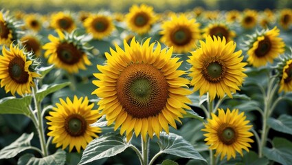 Obraz premium Sunflower field with vibrant yellow blooms and green leaves under clear blue sky in rural landscape during sunny day
