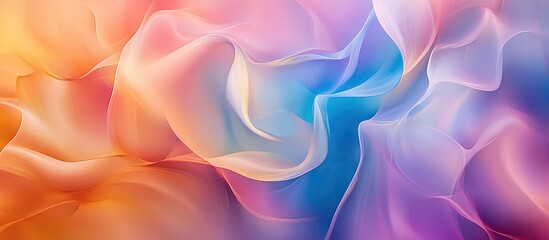 Obraz premium Soft pastel gradient background with flowing abstract wavy designs in peach, lavender, and sky blue creating a serene, harmonious effect.