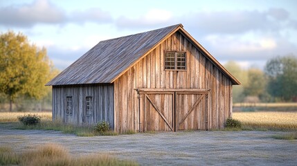 scenic old barn in a traditional countryside farm, wooden rustic structure used for harvest storage and farming, historic rural homestead with wheat seed and agricultural charm