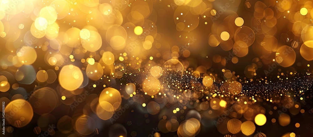 Fototapete Twinkling golden bokeh lights blurred in soft focus with a dark backdrop creating ample copy space for text and design elements