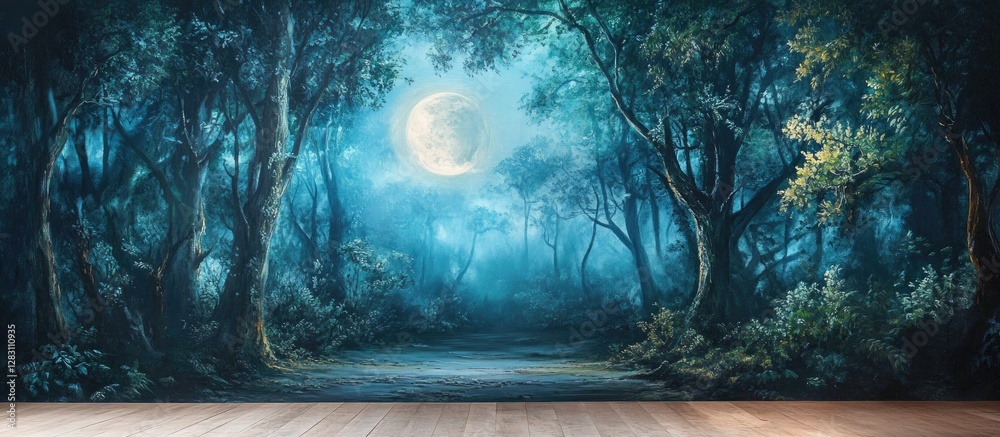 Aufkleber Serene forest scene illuminated by a full moon with blue and green tones, featuring dark trees on the left and a clear path in the center.
