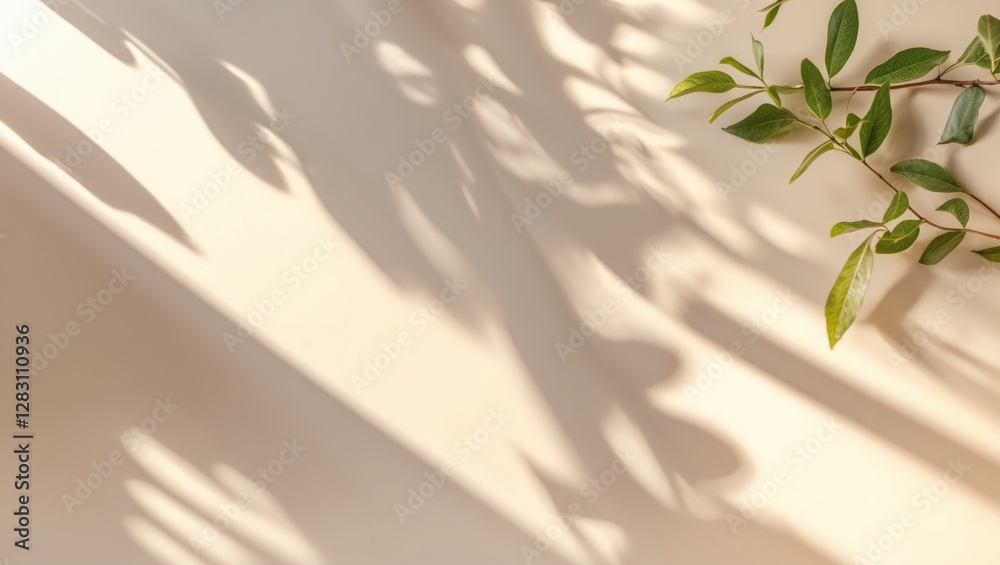 Wall mural soft cream background featuring gentle shadows and lush green leaves creating a serene and calming a