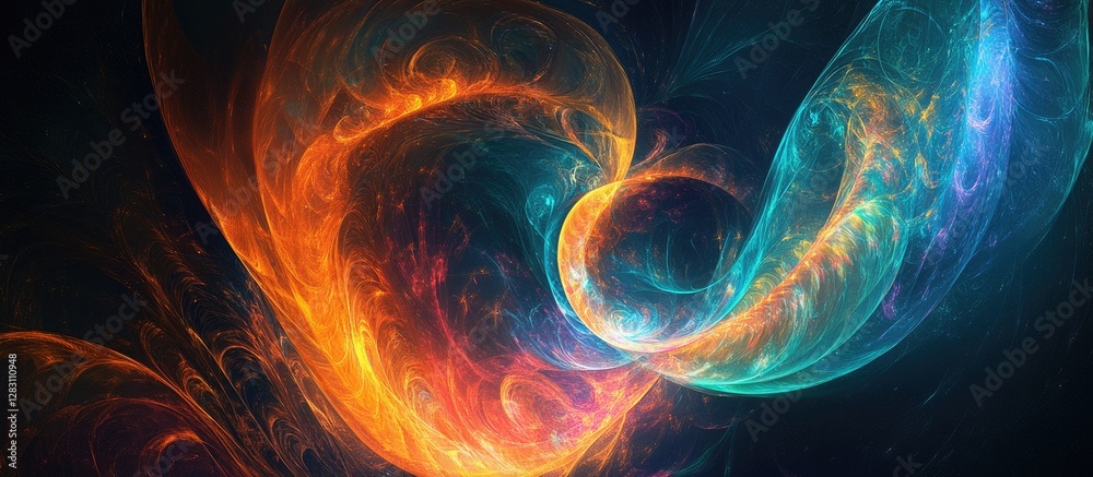 Fototapete Colorful abstract swirls in vibrant orange and teal against a dark background creating a dynamic and captivating visual composition.