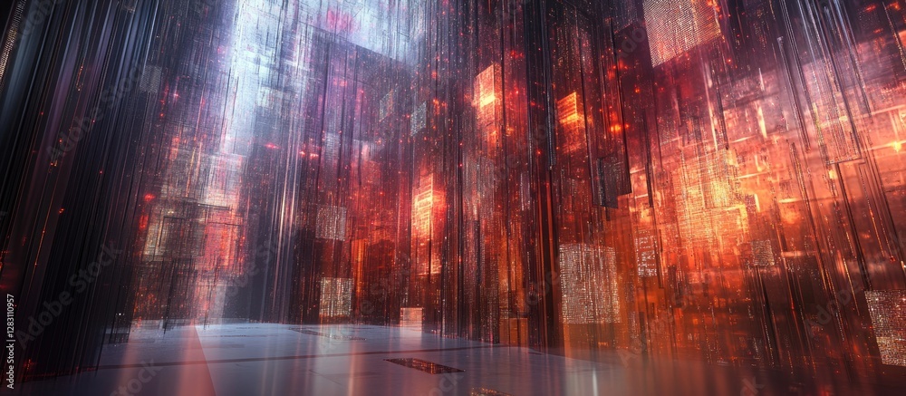 Poster Futuristic 3D infographic background with layers of glowing red and orange digital data storage, vertical lines creating depth and a high-tech ambiance