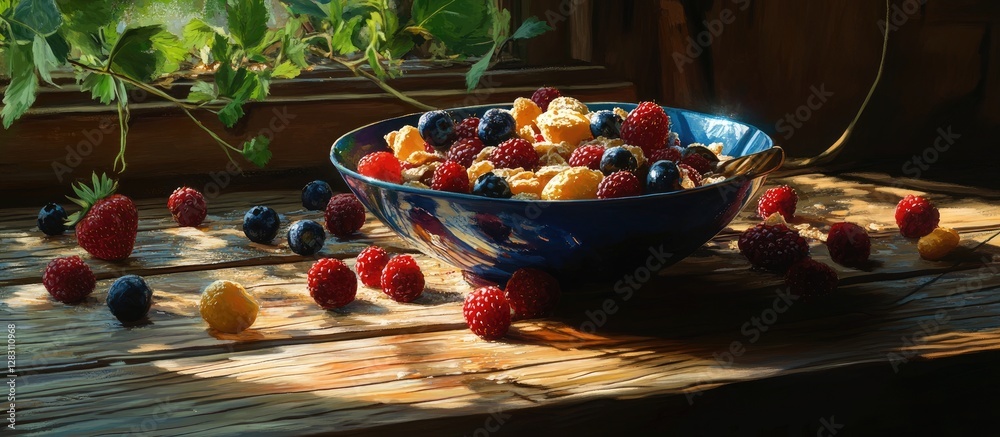 Poster rustic wooden table showcasing a blue bowl filled with mixed berries and cereal illuminated by soft 