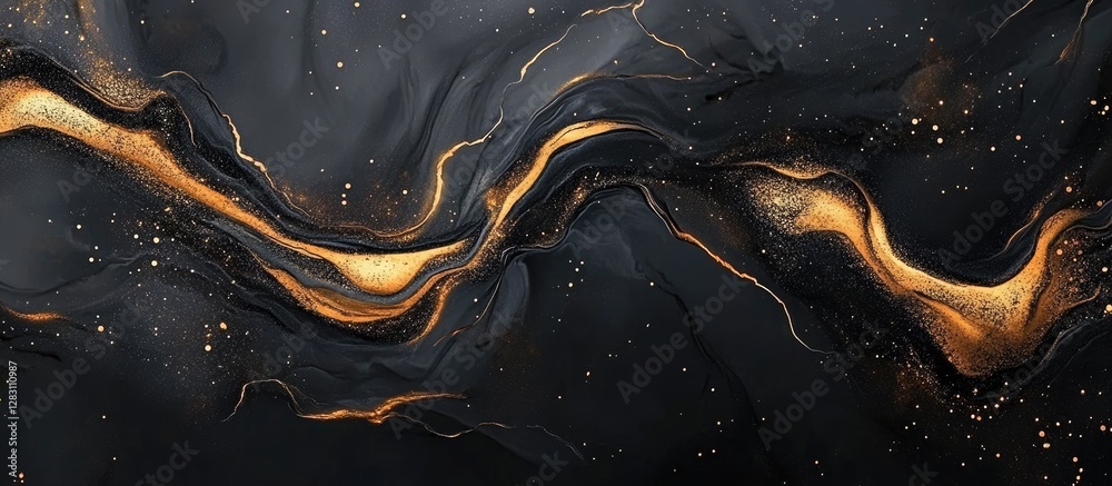 Poster Abstract black marble texture with golden veins flowing across a dark backdrop showcasing rich contrast and elegant details in a seamless design.
