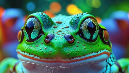 Close-up of vibrant green frog eyes with intricate patterns and reflections, showcasing the beauty of nature's amphibian species.
