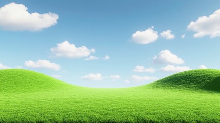 Fototapeta premium Vibrant green hills sunny day nature scene open space wide-angle view tranquil landscape for relaxation