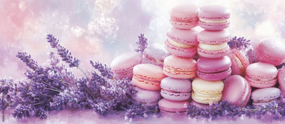 Poster A vibrant display of pink and purple macarons stacked with delicate lavender blossoms on a soft pastel background creating a harmonious color palette