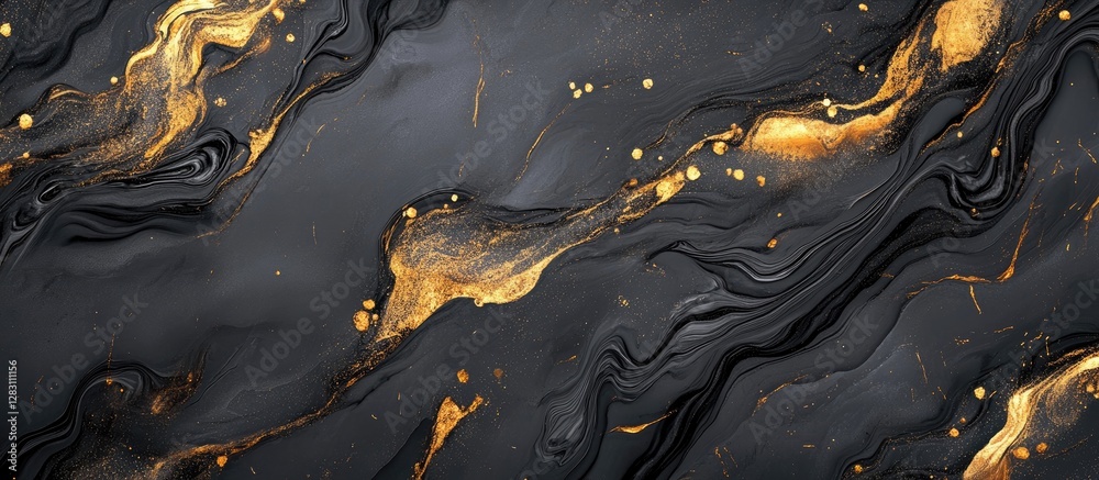 Fototapete Golden swirls on a dark grey and black marbled background with fluid textures and highlights, creating an elegant and luxurious abstract design.