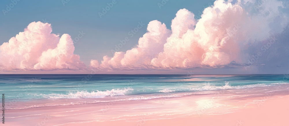Poster serene beach landscape features soft pink clouds above a tranquil transparent ocean with gentle wave