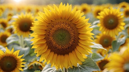 Fototapeta premium Close-up of a vibrant sunflower in a field filled with sunflowers at sunset with soft natural light and green leaves