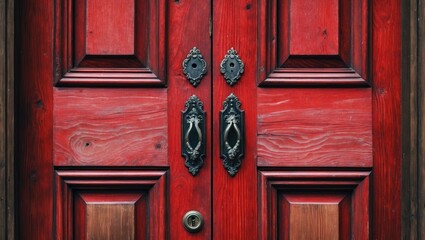 Fototapeta premium Red wooden double door with intricate black metal handles and keyhole, showcasing detailed wood grain and paneling.