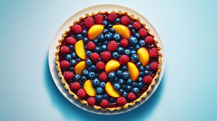 A vibrant fruit tart with blueberries, raspberries, and peaches, placed on a white plate against a clean background, top-down shot.