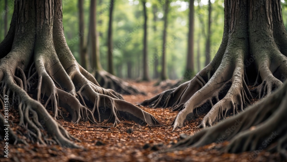 Canvas Prints majestic tree roots creating an enchanting forest pathway bathed in soft natural light