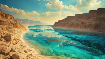 Serene coastline of the Dead Sea showcasing turquoise waters and rugged cliffs under a picturesque sky in a tranquil landscape setting.