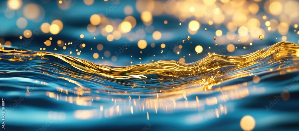 Poster Liquid gold waves flowing gracefully over a deep blue background, enhanced with shimmering bokeh highlights creating a rich depth effect.