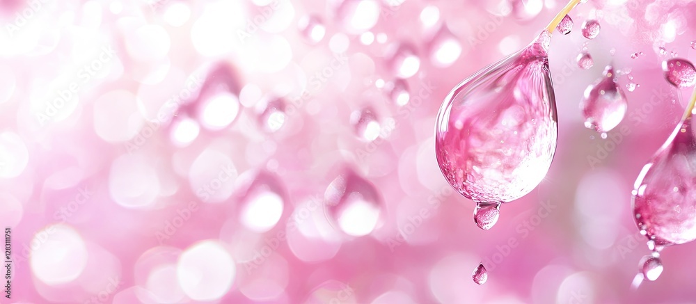 Poster Pink bokeh background with soft light and clear water droplets hanging prominently in the foreground creating a serene and calming atmosphere